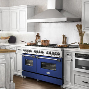 ZLINE 60 in. 7.4 cu. ft. Legacy Dual Fuel Range with 9 Burner Gas Cooktop and 2 Electric Convection Ovens in Stainless Steel and Blue Matte Doors (RA-BM-60) in a luxury kitchen, side.