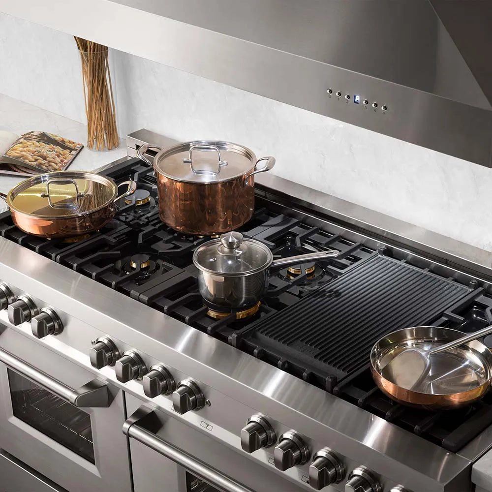 ZLINE 60 in. 7.4 cu. ft. Legacy Dual Fuel Range with Gas Cooktop and 2 Electric Convection Ovens in Stainless Steel with 8 Brass Burners (RA-BR-60) pots and pans on cooktop.