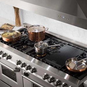ZLINE 60 in. 7.4 cu. ft. Legacy Dual Fuel Range with Gas Cooktop and 2 Electric Convection Ovens in Stainless Steel with 8 Brass Burners (RA-BR-60) pots and pans on cooktop.
