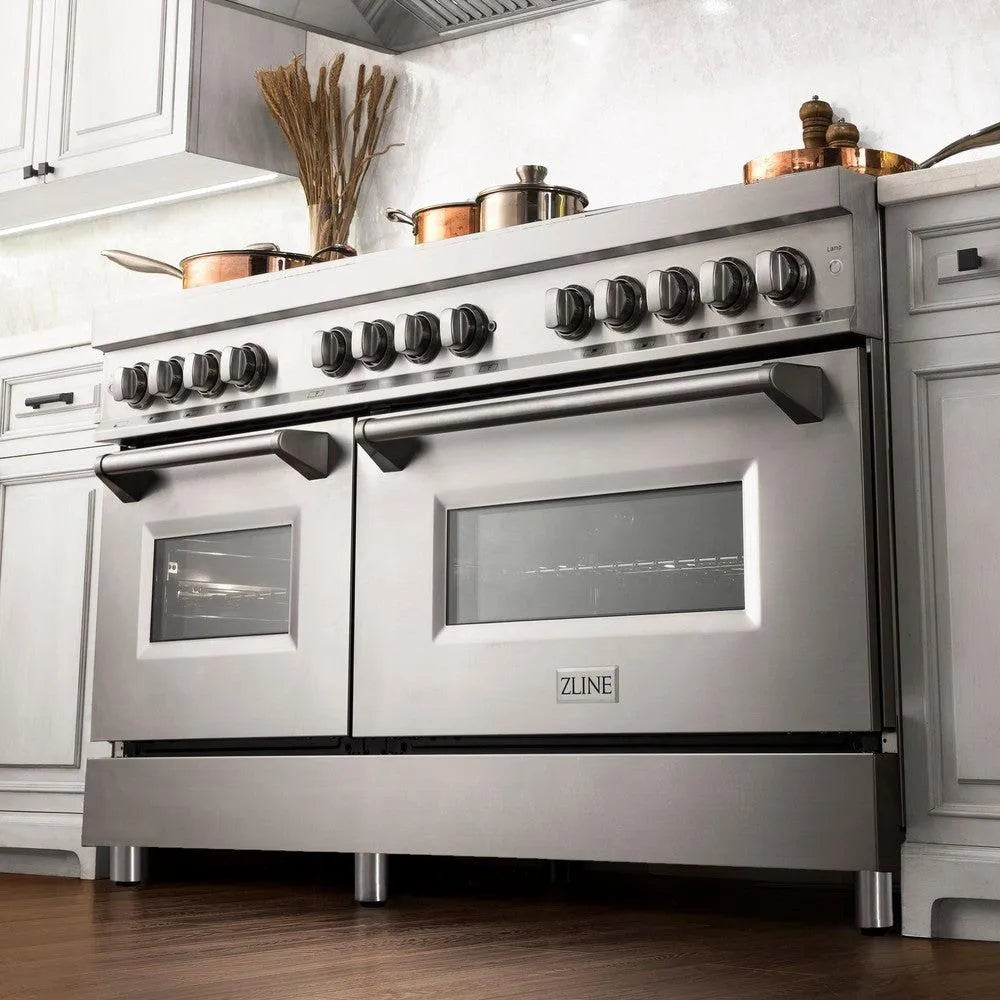 ZLINE 60 in. 7.4 cu. ft. Legacy Dual Fuel Range with Gas Cooktop and 2 Electric Convection Ovens in Stainless Steel with 8 Brass Burners (RA-BR-60) in a luxury kitchen, from below.