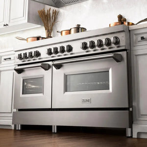 ZLINE 60 in. 7.4 cu. ft. Legacy Dual Fuel Range with Gas Cooktop and 2 Electric Convection Ovens in Stainless Steel with 8 Brass Burners (RA-BR-60) in a luxury kitchen, from below.