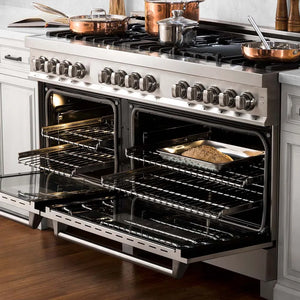ZLINE 60 in. 7.4 cu. ft. Legacy Dual Fuel Range with Gas Cooktop and 2 Electric Convection Ovens in Stainless Steel with 8 Brass Burners (RA-BR-60) in a luxury kitchen, oven open.