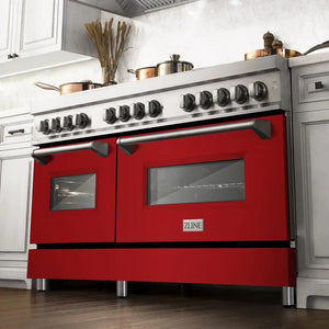 ZLINE 60 in. 7.4 cu. ft. Legacy Dual Fuel Range with 9 Burner Gas Cooktop and 2 Electric Convection Ovens in Stainless Steel and Red Gloss Doors (RA-RG-60) in a luxury kitchen, from below.