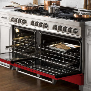 ZLINE 60 in. 7.4 cu. ft. Legacy Dual Fuel Range with 9 Burner Gas Cooktop and 2 Electric Convection Ovens in Stainless Steel and Red Gloss Doors (RA-RG-60) in a luxury kitchen, oven open.