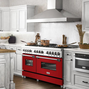 ZLINE 60 in. 7.4 cu. ft. Legacy Dual Fuel Range with 9 Burner Gas Cooktop and 2 Electric Convection Ovens in Stainless Steel and Red Gloss Doors (RA-RG-60) in a luxury kitchen, side.