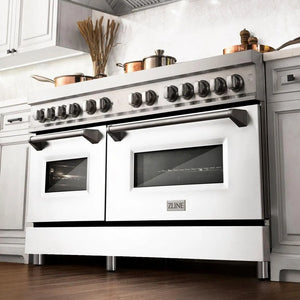 ZLINE 60 in. 7.4 cu. ft. Legacy Dual Fuel Range with 9 Burner Gas Cooktop and 2 Electric Convection Ovens in Stainless Steel and White Matte Doors (RA-WM-60) in a luxury kitchen, from below.