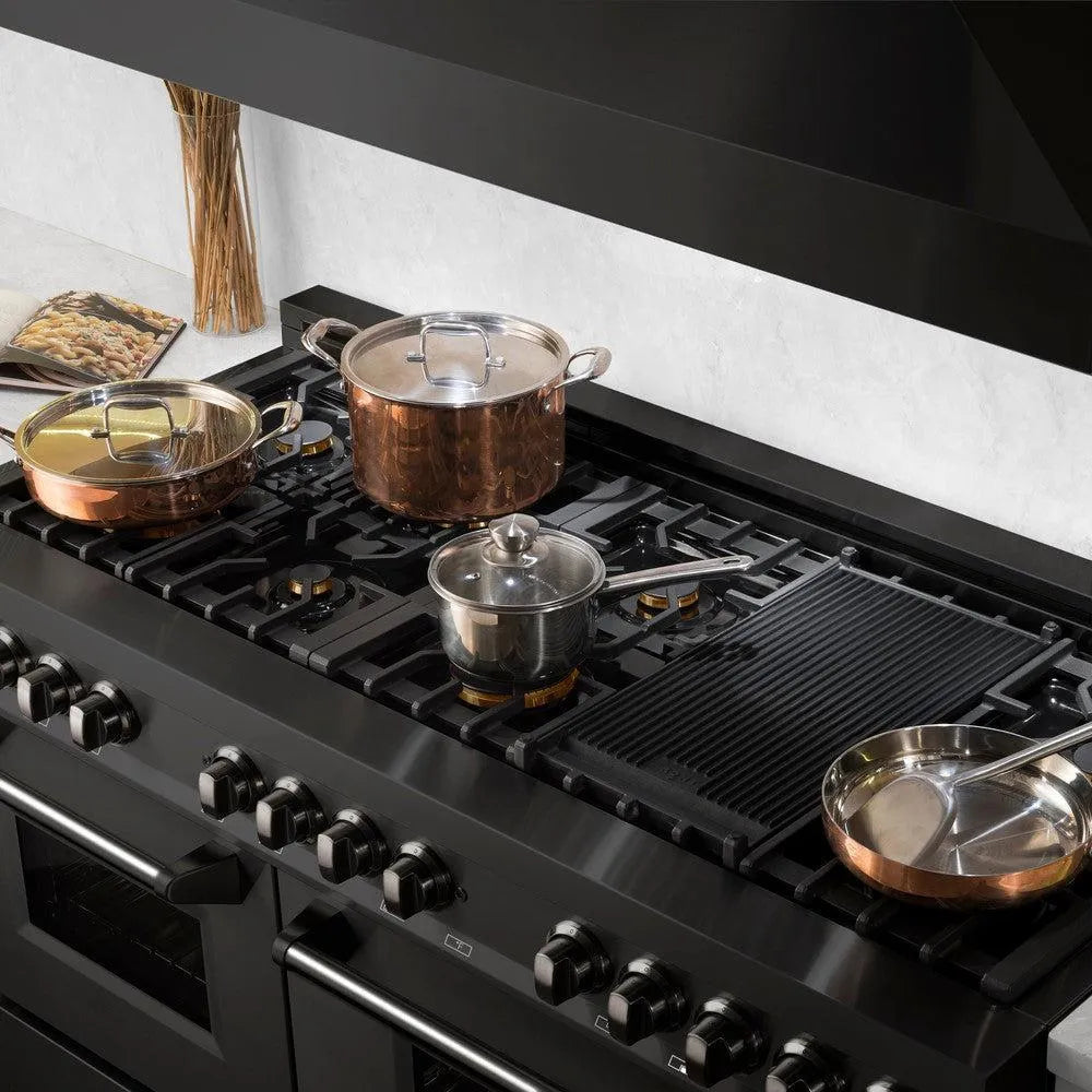 ZLINE 60 in. 7.4 cu. ft. Legacy Dual Fuel Range with 9 Burner Gas Cooktop and 2 Electric Convection Ovens in Black Stainless Steel (RAB-60) pots and pans on cooktop.