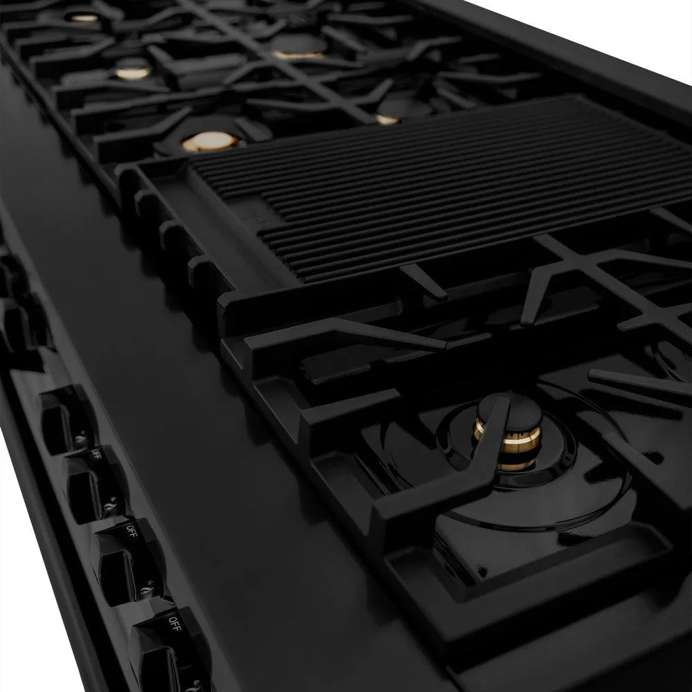 ZLINE 60 in. 7.4 cu. ft. Legacy Dual Fuel Range with 9 Burner Gas Cooktop and 2 Electric Convection Ovens in Black Stainless Steel (RAB-60) close-up, griddle on cast-iron grates.