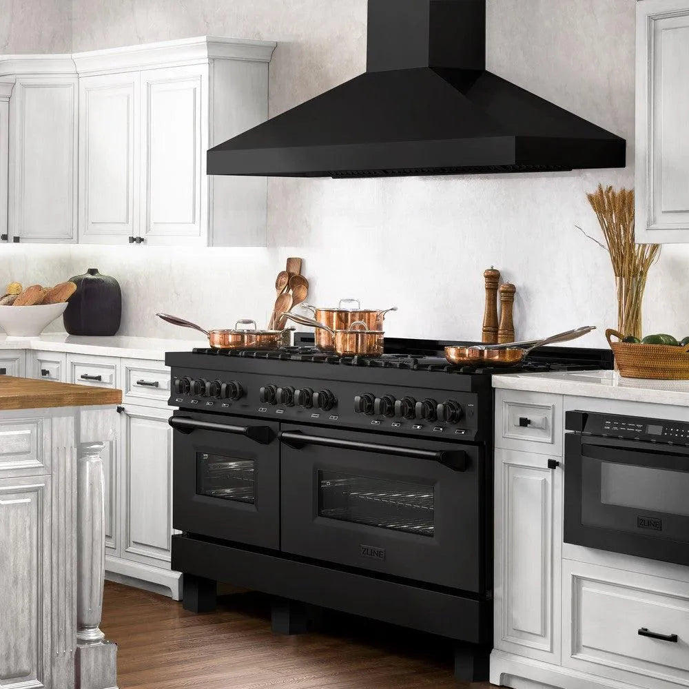 ZLINE 60 in. 7.4 cu. ft. Legacy Dual Fuel Range with 9 Burner Gas Cooktop and 2 Electric Convection Ovens in Black Stainless Steel (RAB-60) in a luxury kitchen, side.