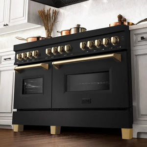 ZLINE Autograph Edition 60 in. 7.4 cu. ft. Legacy Dual Fuel Range with 9 Burner Gas Cooktop and 2 Electric Convection Ovens in Black Stainless Steel and Polished Gold Accents (RABZ-60-G) in a luxury kitchen, from below.
