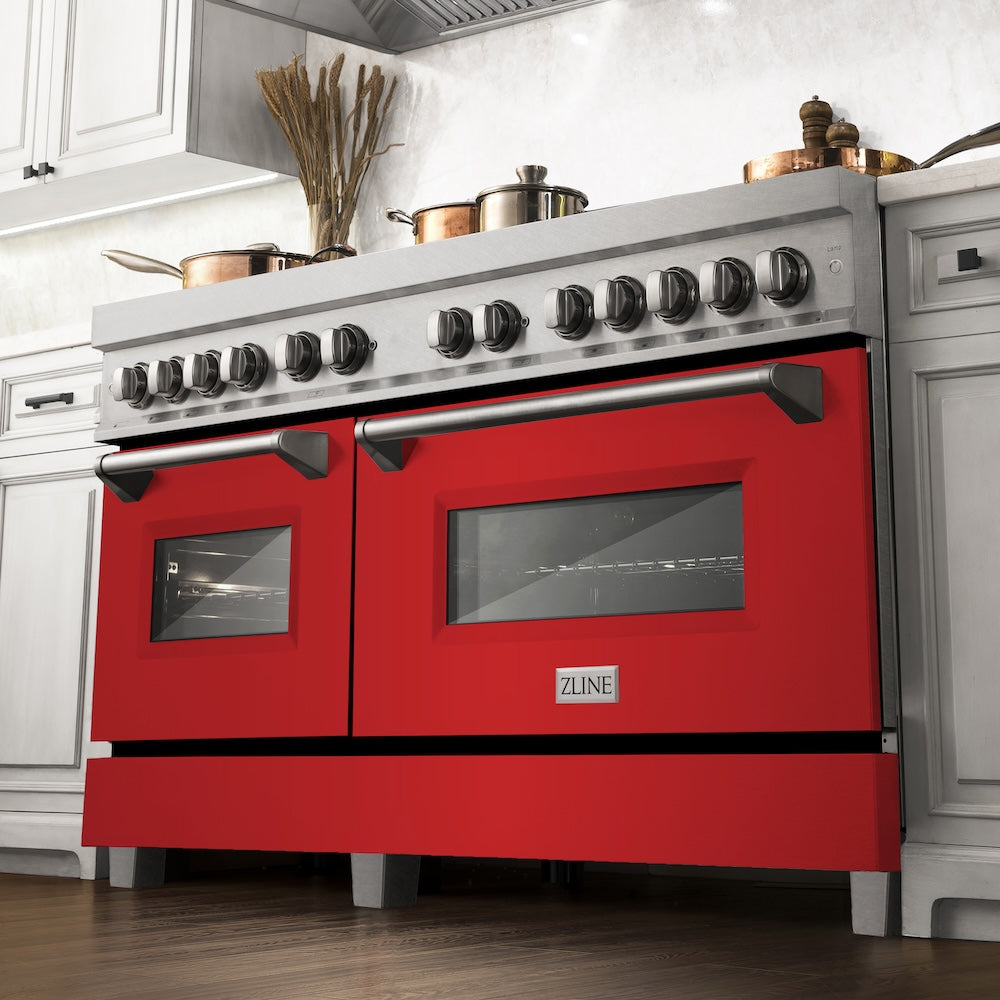 ZLINE 60 in. 7.4 cu. ft. Legacy Dual Fuel Range with 9 Burner Gas Cooktop and 2 Electric Convection Ovens in Satin Stainless Steel and Red Matte Doors (RAS-RM-60) below, in a luxury farmhouse-style kitchen.