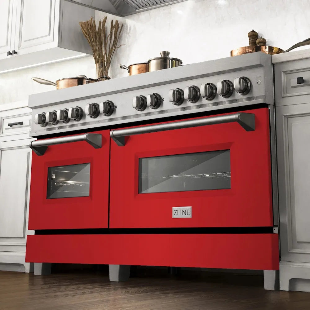 ZLINE 60 in. 7.4 cu. ft. Legacy Dual Fuel Range with 9 Burner Gas Cooktop and 2 Electric Convection Ovens in Satin Stainless Steel and Red Matte Doors (RAS-RM-60) below, in a luxury farmhouse-style kitchen.