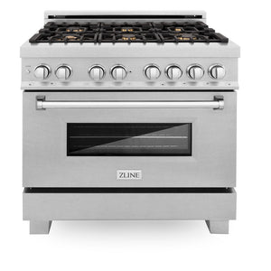 ZLINE 36 in. 4.6 cu. ft. Legacy Dual Fuel Range with Gas Cooktop and Electric Convection Oven in Satin Stainless Steel with 6 Brass Burners (RAS-SN-BR-36) front, oven closed.