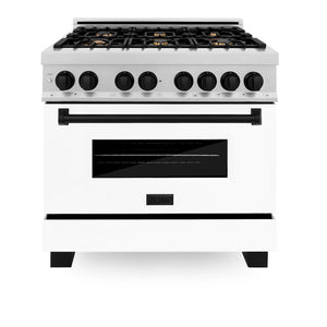 ZLINE Autograph Edition 36 in. 4.6 cu. ft. Legacy Dual Fuel Range with 6 Burner Gas Cooktop and Electric Convection Oven in Satin Stainless Steel with White Matte Door and Matte Black Accents (RASZ-WM-36-MB) front, oven closed.