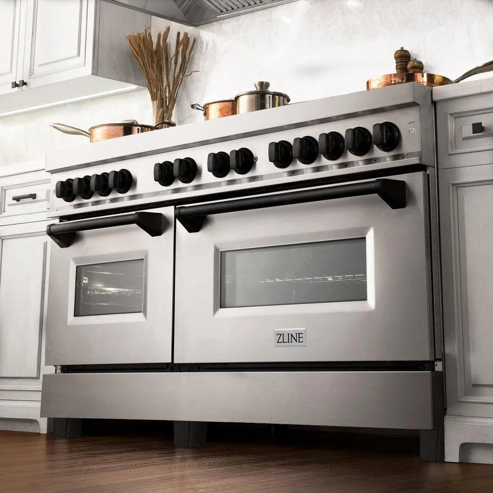 ZLINE Autograph Edition 60 in. 7.4 cu. ft. Legacy Dual Fuel Range with 9 Burner Gas Cooktop and 2 Electric Convection Ovens in Stainless Steel and Matte Black Accents (RAZ-60-MB) in a luxury kitchen, from below.
