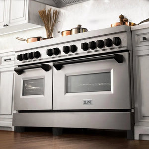 ZLINE Autograph Edition 60 in. 7.4 cu. ft. Legacy Dual Fuel Range with 9 Burner Gas Cooktop and 2 Electric Convection Ovens in Stainless Steel and Matte Black Accents (RAZ-60-MB) in a luxury kitchen, from below.