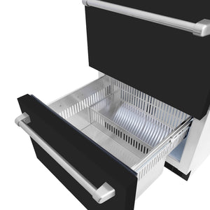 ZLINE 24 in. Touchstone 168 Can Outdoor-Rated Dual Refrigerator Drawer with Black Matte Doors (RDSO-BLM-24) detail, bottom drawer open and empty.