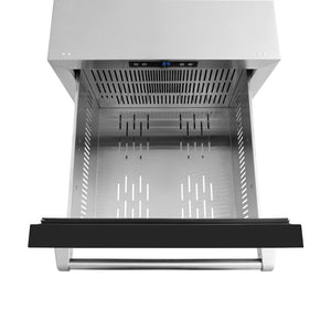 ZLINE 24 in. Touchstone 168 Can Outdoor-Rated Dual Refrigerator Drawer with Black Matte Doors (RDSO-BLM-24) above, drawer open, with drawer divider removed.