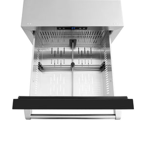 ZLINE 24 in. Touchstone 168 Can Outdoor-Rated Dual Refrigerator Drawer with Black Matte Doors (RDSO-BLM-24) above, drawer open, with drawer divider installed.