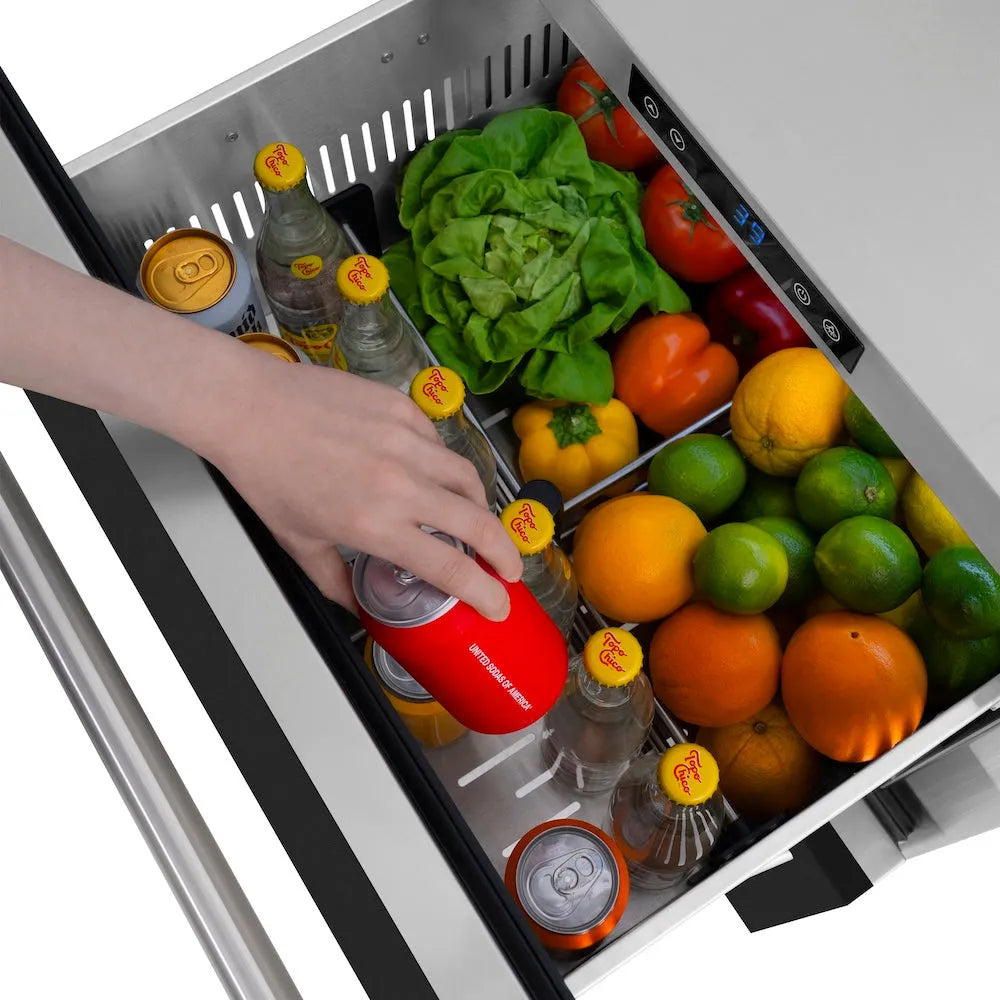 ZLINE 24 in. Touchstone 168 Can Outdoor-Rated Dual Refrigerator Drawer with Black Matte Doors (RDSO-BLM-24) with fresh produce and drinks inside