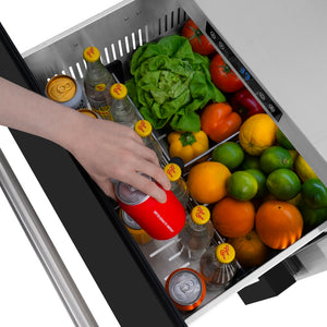 ZLINE 24 in. Touchstone 168 Can Outdoor-Rated Dual Refrigerator Drawer with Black Matte Doors (RDSO-BLM-24) close-up detail, reaching for a canned beverage in top drawer.