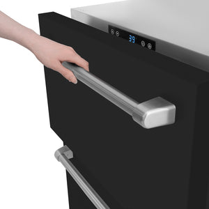 ZLINE 24 in. Touchstone 168 Can Outdoor-Rated Dual Refrigerator Drawer with Black Matte Doors (RDSO-BLM-24) detail, opening the upper drawer.