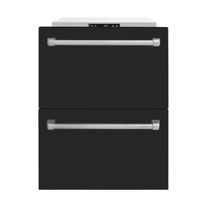 ZLINE 24 in. Touchstone 168 Can Outdoor-Rated Dual Refrigerator Drawer with Black Matte Doors (RDSO-BLM-24) front, open.