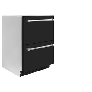ZLINE 24 in. Touchstone 168 Can Outdoor-Rated Dual Refrigerator Drawer with Black Matte Doors (RDSO-BLM-24) side, closed.