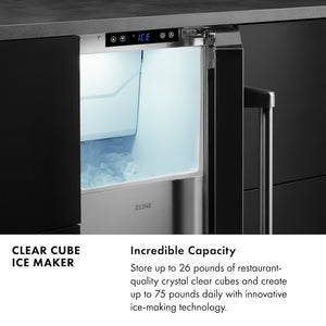 Gourmet Ice Maker Infographic. Incredible Capacity. Text: Store up to 26 pounds of restaurant-quality and create up to 75 pounds daily with innovative ice-making technology.