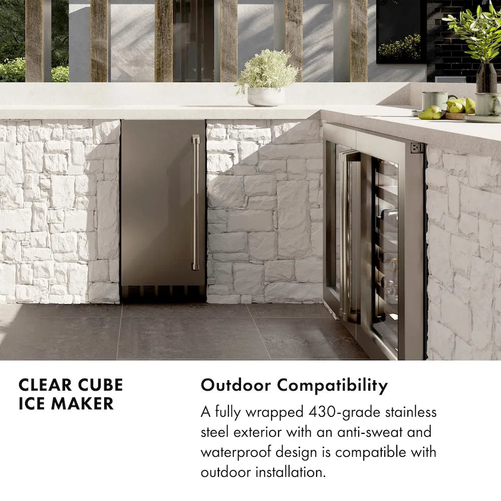Clear Cube Ice Maker Infographic. Outdoor Compatibility. Text: A fully wrapped 430-grade stainless steel exterior with anti-sweat and waterproof design is compatible with outdoor installation.
