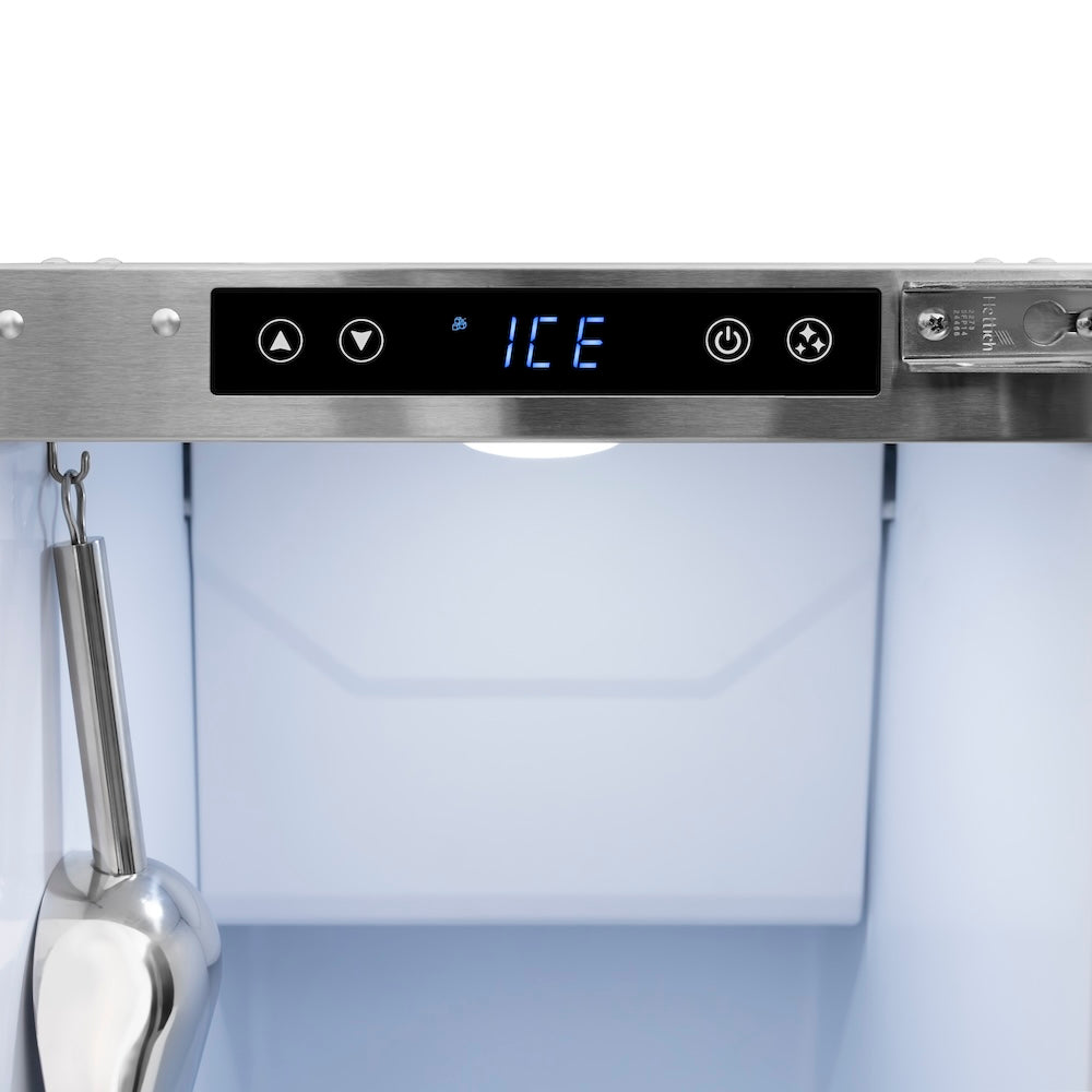 ZLINE 15 in. Touchstone Clear Cube Ice Maker with Drain Pump and White Matte Door (ICCD-WM-15) close-up detail, touch control panel and display.