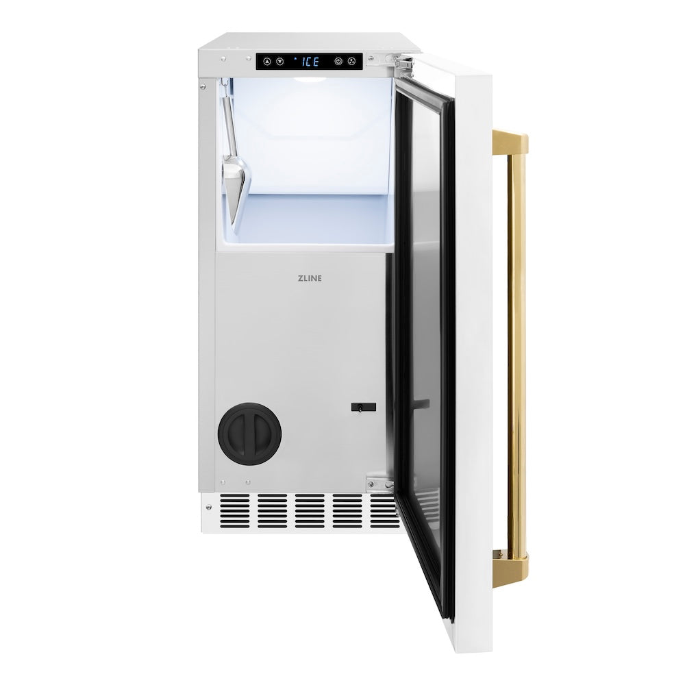 ZLINE Autograph Edition 15 in. Touchstone Clear Cube Ice Maker with Drain Pump and White Matte Door with Polished Gold Handle (ICCDZ-WM-15-G) front, open.