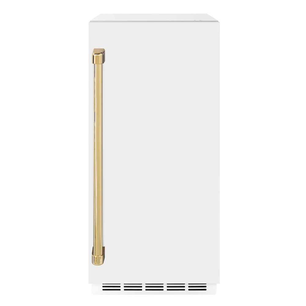 ZLINE Autograph Edition 15 in. Touchstone Clear Cube Ice Maker with Drain Pump and White Matte Door with Polished Gold Handle (ICCDZ-WM-15-G) front, closed.