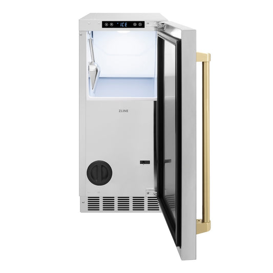 ZLINE Autograph Edition 15 in. Touchstone Clear Cube Ice Maker with Drain Pump and Solid Stainless Steel Door with Champagne Bronze Handle (ICCDZ-ST-15-CB) front, open.
