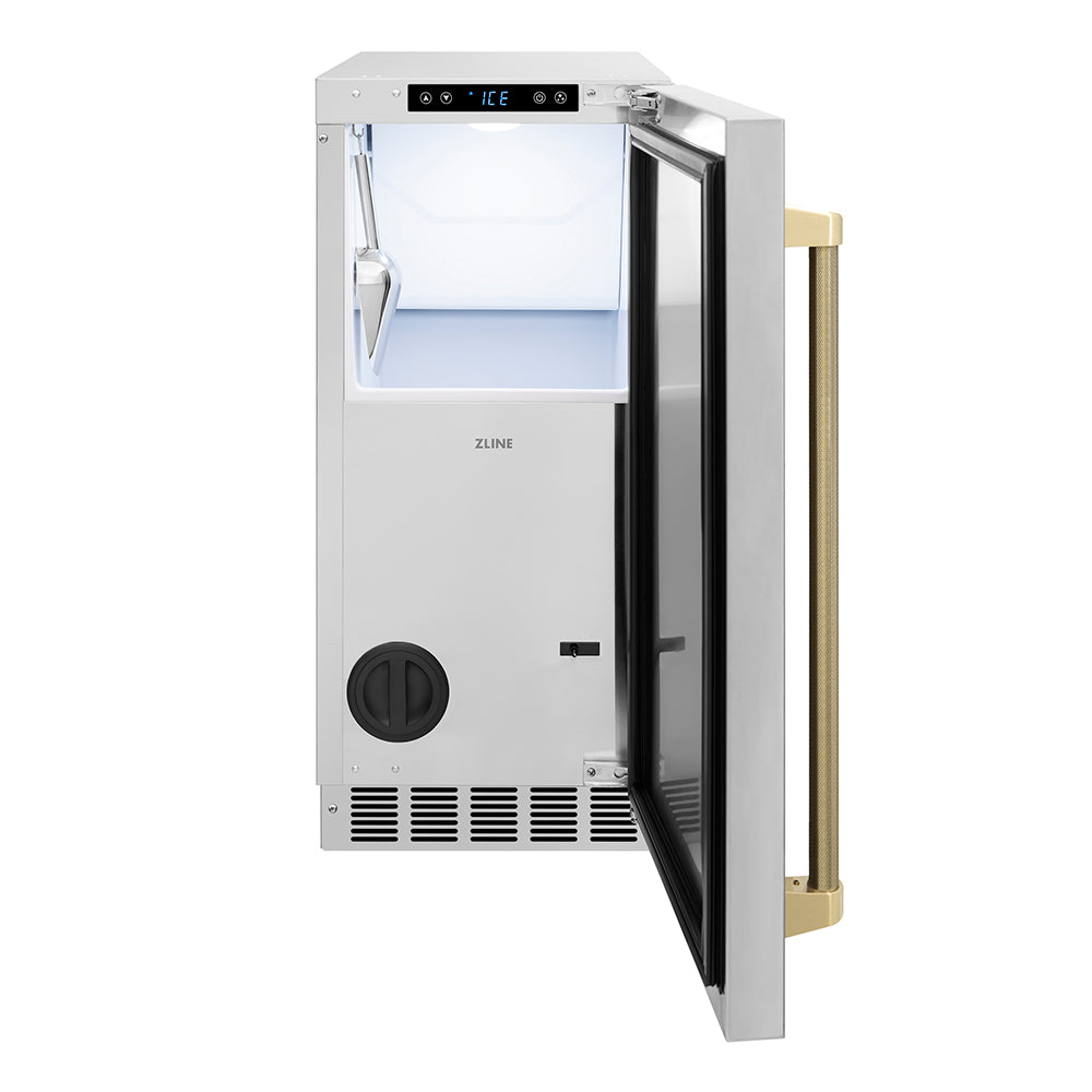 ZLINE Autograph Edition 15 in. Touchstone Clear Cube Ice Maker with Drain Pump and Solid Stainless Steel Door with Champagne Bronze Helix Handle (ICCDZ-ST-15-KCB) front, open.