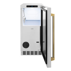 ZLINE Autograph Edition 15 in. Touchstone Clear Cube Ice Maker with Drain Pump and Solid Stainless Steel Door with Polished Gold Helix Handle (ICCDZ-ST-15-KG) front, open.