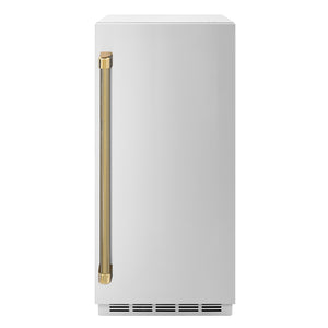 ZLINE Autograph Edition 15 in. Touchstone Clear Cube Ice Maker with Drain Pump and Solid Stainless Steel Door with Polished Gold Helix Handle (ICCDZ-ST-15-KG)