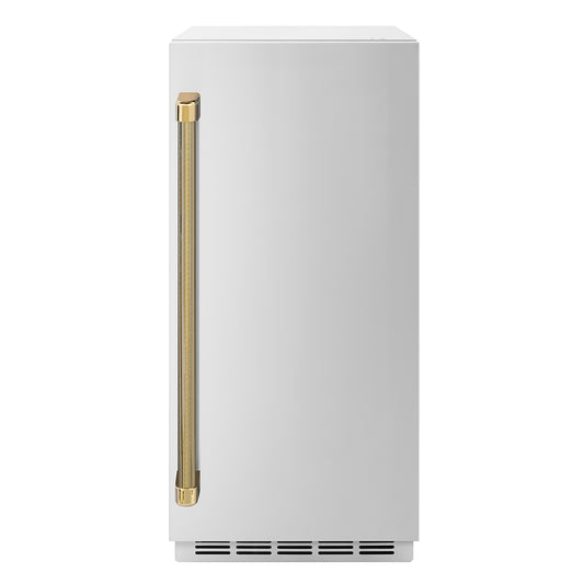 ZLINE Autograph Edition 15 in. Touchstone Clear Cube Ice Maker with Drain Pump and Solid Stainless Steel Door with Polished Gold Helix Handle (ICCDZ-ST-15-KG)
