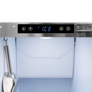 ZLINE Autograph Edition 15 in. Touchstone Clear Cube Ice Maker with Drain Pump and Solid Stainless Steel Door with Polished Nickel Helix Handle (ICCDZ-ST-15-KPN) control panel with digital display and buttons.