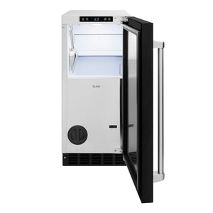 ZLINE 15 in. Touchstone Gourmet Ice Maker with Drain Pump and Black Matte Door (IGMD-BLM-15) front, open.