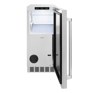 ZLINE 15 in. Touchstone Gourmet Ice Maker with Drain Pump and Solid Stainless Steel Door (IGMD-ST-15) front, open.