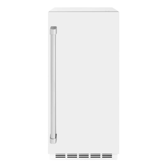 ZLINE 15 in. Touchstone Gourmet Ice Maker with Drain Pump and White Matte Door (IGMD-WM-15) front, closed.