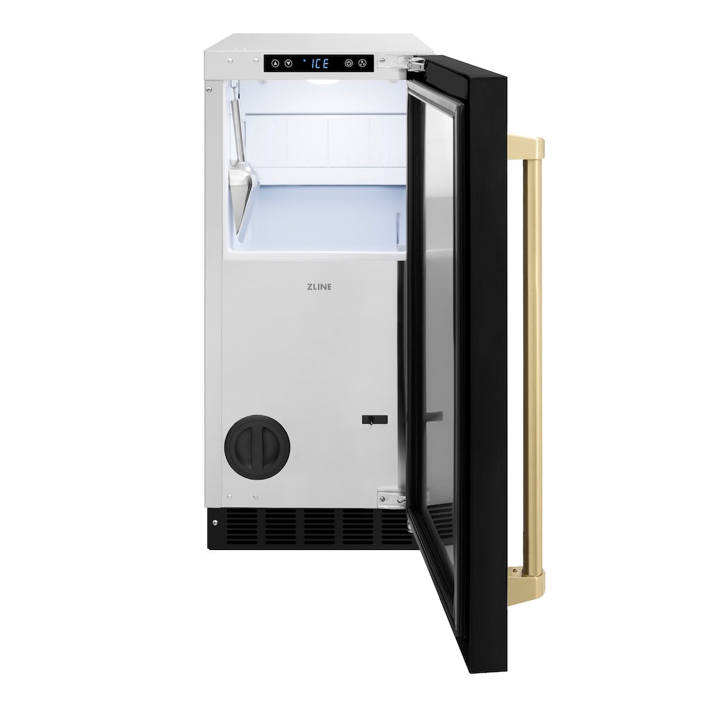 ZLINE Autograph Edition 15 in. Touchstone Gourmet Ice Maker with Drain Pump and Black Matte Door with Champagne Bronze Handle (IGMDZ-BLM-15-CB) front, open.