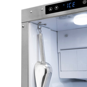ZLINE Autograph Edition 15 in. Touchstone Gourmet Ice Maker with Drain Pump and Solid Stainless Steel Door with Polished Gold Helix Handle (IGMDZ-ST-15-KG) stainless steel ice scoop hanging in ice maker interior.