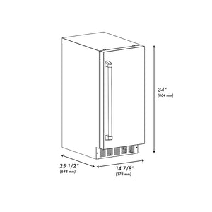 ZLINE Autograph Edition 15 in. Touchstone Gourmet Ice Maker with Drain Pump and Solid Stainless Steel Door with Polished Gold Helix Handle (IGMDZ-ST-15-KG) dimensional diagram.