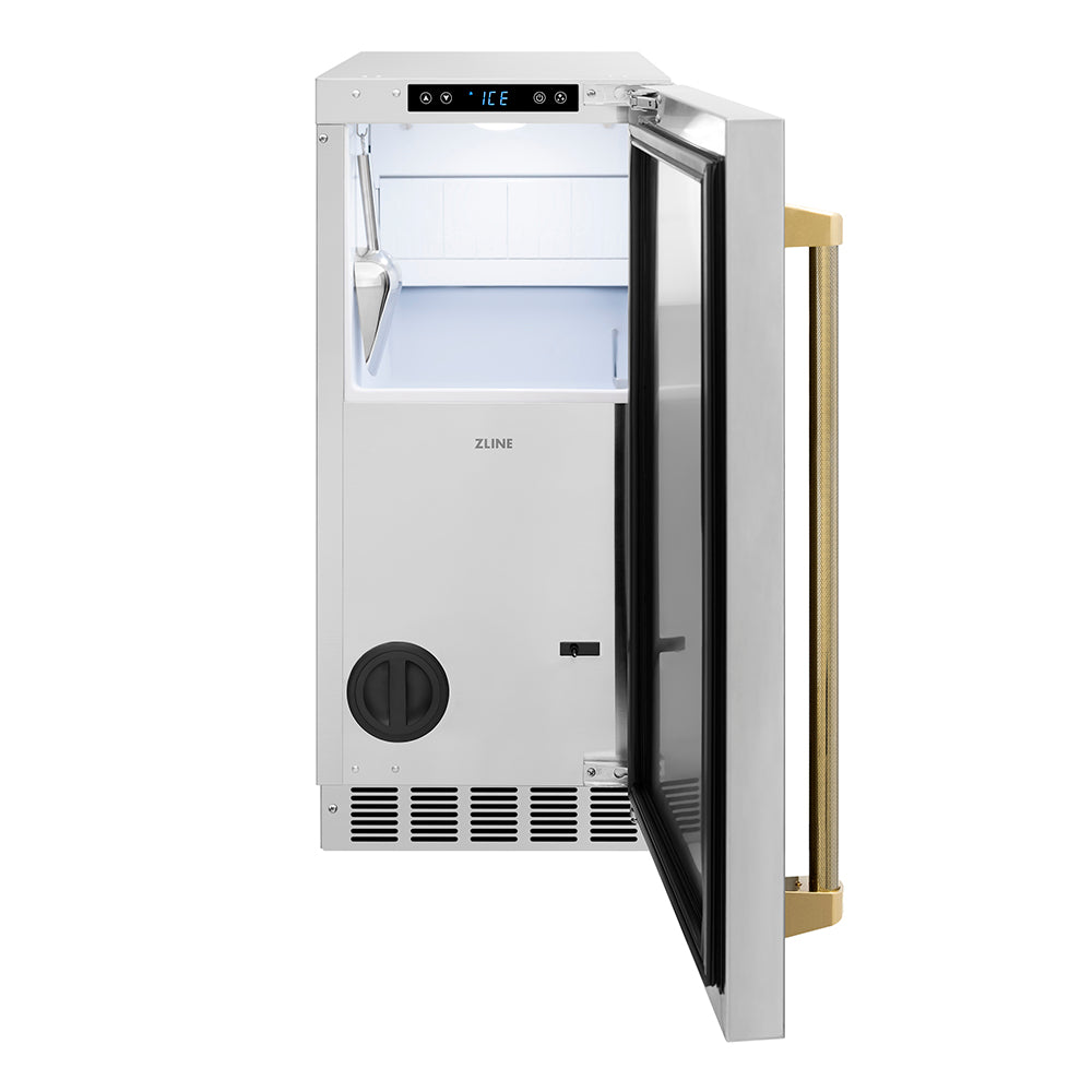 ZLINE Autograph Edition 15 in. Touchstone Gourmet Ice Maker with Drain Pump and Solid Stainless Steel Door with Polished Gold Helix Handle (IGMDZ-ST-15-KG) front, open.