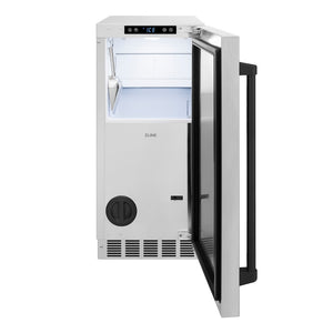 ZLINE Autograph Edition 15 in. Touchstone Gourmet Ice Maker with Drain Pump and Solid Stainless Steel Door with Matte Black Handle (IGMDZ-ST-15-MB) front, open.