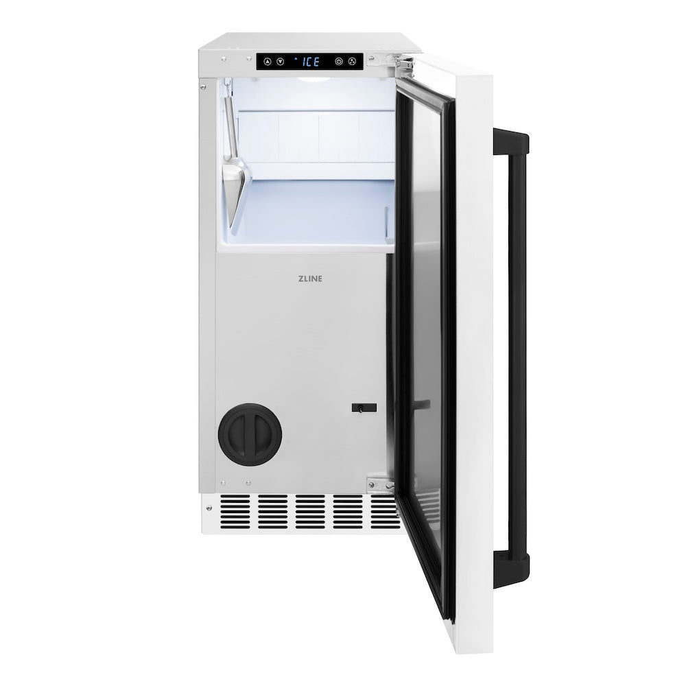 ZLINE Autograph Edition 15 in. Touchstone Gourmet Ice Maker with Drain Pump and White Matte Door with Matte Black Handle (IGMDZ-WM-15-MB) front, open.