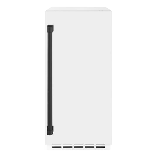 ZLINE Autograph Edition 15 in. Touchstone Gourmet Ice Maker with Drain Pump and White Matte Door with Matte Black Handle (IGMDZ-WM-15-MB) front, closed.