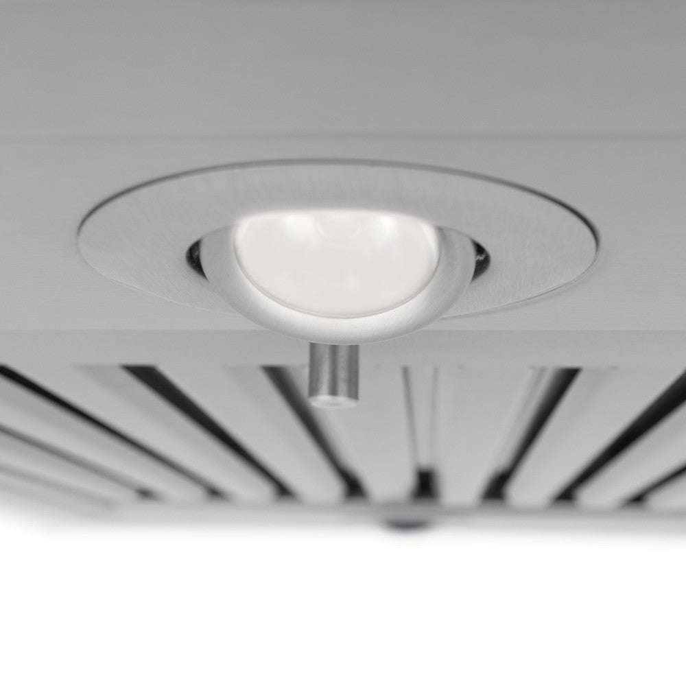 ZLINE 42 in. CrownSound™ Ducted Vent Island Mount Range Hood in Stainless Steel with Built-in Bluetooth Speakers (GL2iCRN-BT-42) built-in lighting.